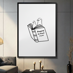 Funny seagull reading Pooping On People and Cars book framed wall art in modern living room, minimalist black and white line art bird humor poster with black frame on gray wall