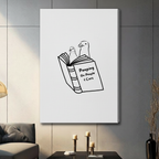 Humorous seagull duo reading Pooping On People and Cars canvas wall art unframed, minimalist black line drawing on white background, gallery wrap print for living room decor