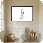 Seagull standing on toilet paper roll funny bathroom wall art black framed print in bright farmhouse-style bathroom with shiplap walls