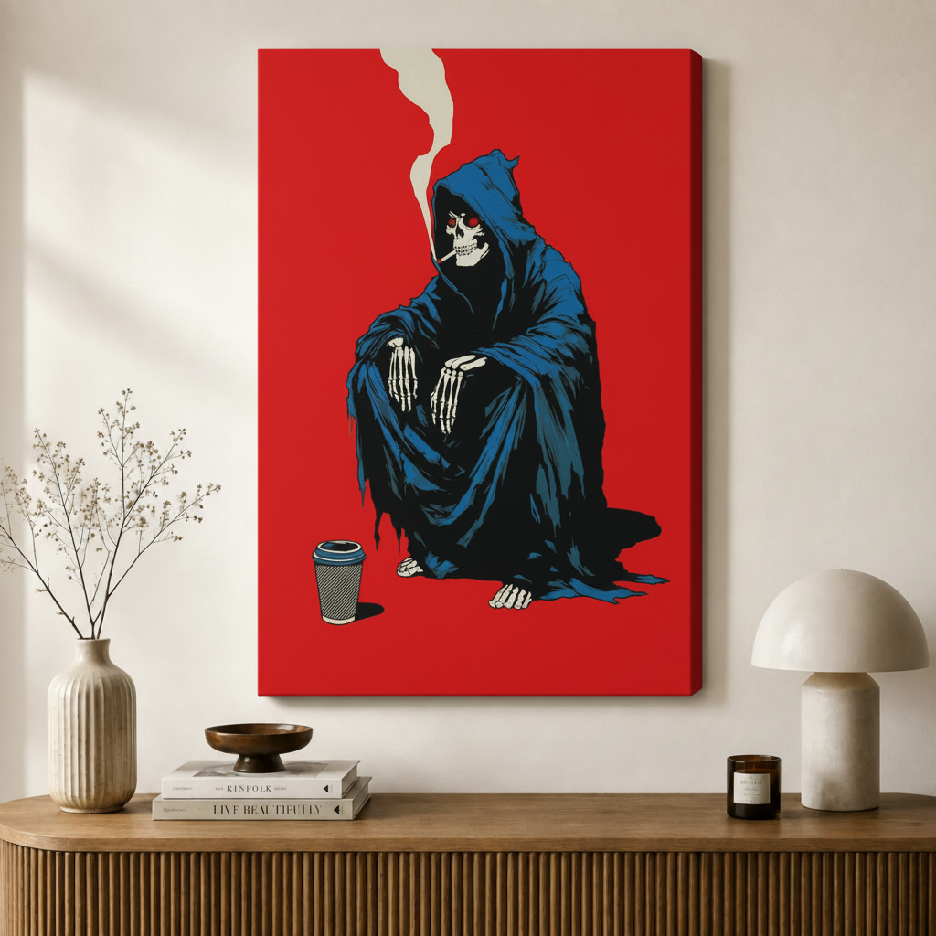 Gallery-wrapped bold pop art canvas print of a hooded grim reaper skeleton with glowing red eyes, a cigarette, and a takeaway coffee cup on a vivid red background, styled above a wooden sideboard with minimalist decor