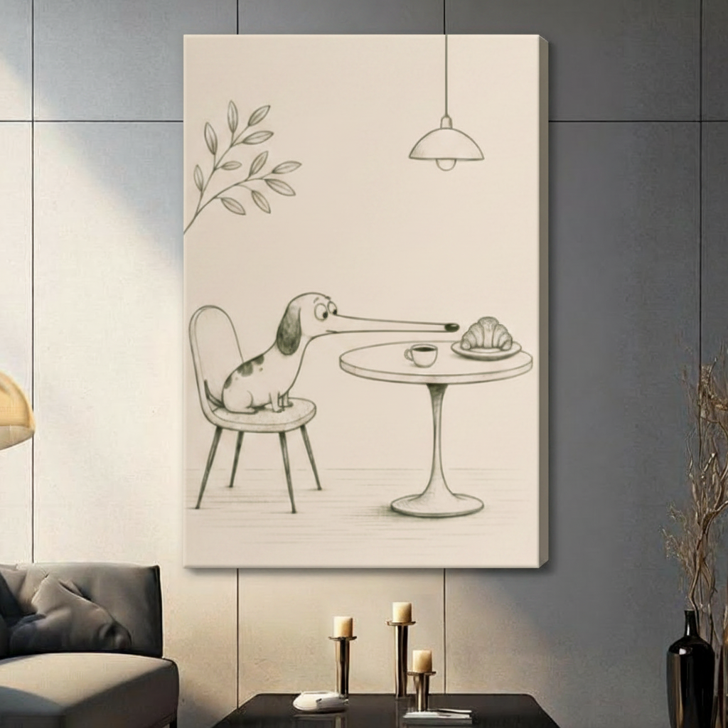 Funny pencil sketch long-nose dachshund sitting on chair reaching for croissant and coffee cup on round cafe table gallery wrap canvas art on warm cream background on a dark gray paneled wall above a charcoal sofa with candle holders