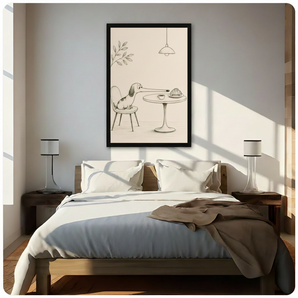 Black framed minimalist pencil sketch dachshund with long nose sniffing croissant and coffee at cafe table canvas art on cream background above a bed with white linen bedding, a taupe throw blanket, dark wood nightstands, and white table lamps in a sunlit modern bedroom