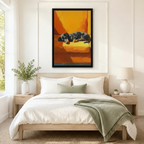 Sleeping dachshund framed canvas art above Scandinavian bedroom bed — golden warm dog portrait wall decor
