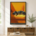 Sleeping dachshund oil style framed canvas wall art displayed above rattan storage bench — warm amber dog portrait print