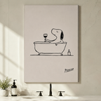 Unframed Snoopy in bathtub canvas print above bathroom vanity - minimalist line drawing dog wall art for modern bathroom decor