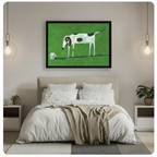 Tall spotted dog and tiny house framed canvas art above bed, quirky green dog painting bedroom wall decor with pendant lights