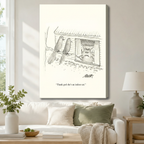 Gallery wrapped canvas of humorous bird watching indoor cat pencil sketch cartoon displayed above white sofa in bright minimalist living room