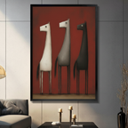 Framed wall art print featuring three stylized abstract horses in white, grey and dark tones on a deep red background, displayed in a modern dark living room