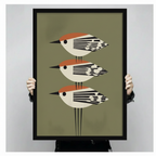 Hand-held framed canvas showing three stacked geometric birds with orange caps and black striped wings on an olive green background