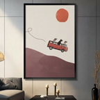 Three dogs riding on red VW T2 van flying over mauve hills minimalist collage illustration in black frame on dark grey panel wall – orange red sun cream background dog road trip canvas wall art for living room