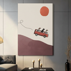 Frameless three dogs on red VW camper van soaring above mauve rolling hills minimalist collage illustration on dark grey panel wall – orange sun cream background dog adventure canvas print for contemporary living room