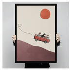 Person holding framed three dogs on red VW T2 van flying over mauve hills minimalist collage illustration – orange red sun curving line cream background dog road trip canvas wall art size reference
