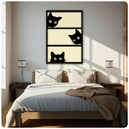 Large framed minimalist black cat wall art above bed, depicting three curious wide-eyed black cats peeking from beige horizontal panels in sunlit neutral bedroom with wood furniture




