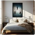 Surreal tightrope walker with dachshund and black cat framed print above bed in sunlit minimalist bedroom – dark fantasy wall art