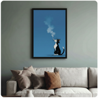 Nonchalant tuxedo cat with cigarette and rising smoke trail, cool minimalist blue background cartoon art, black framed print above beige fabric sofa in sage green living room
