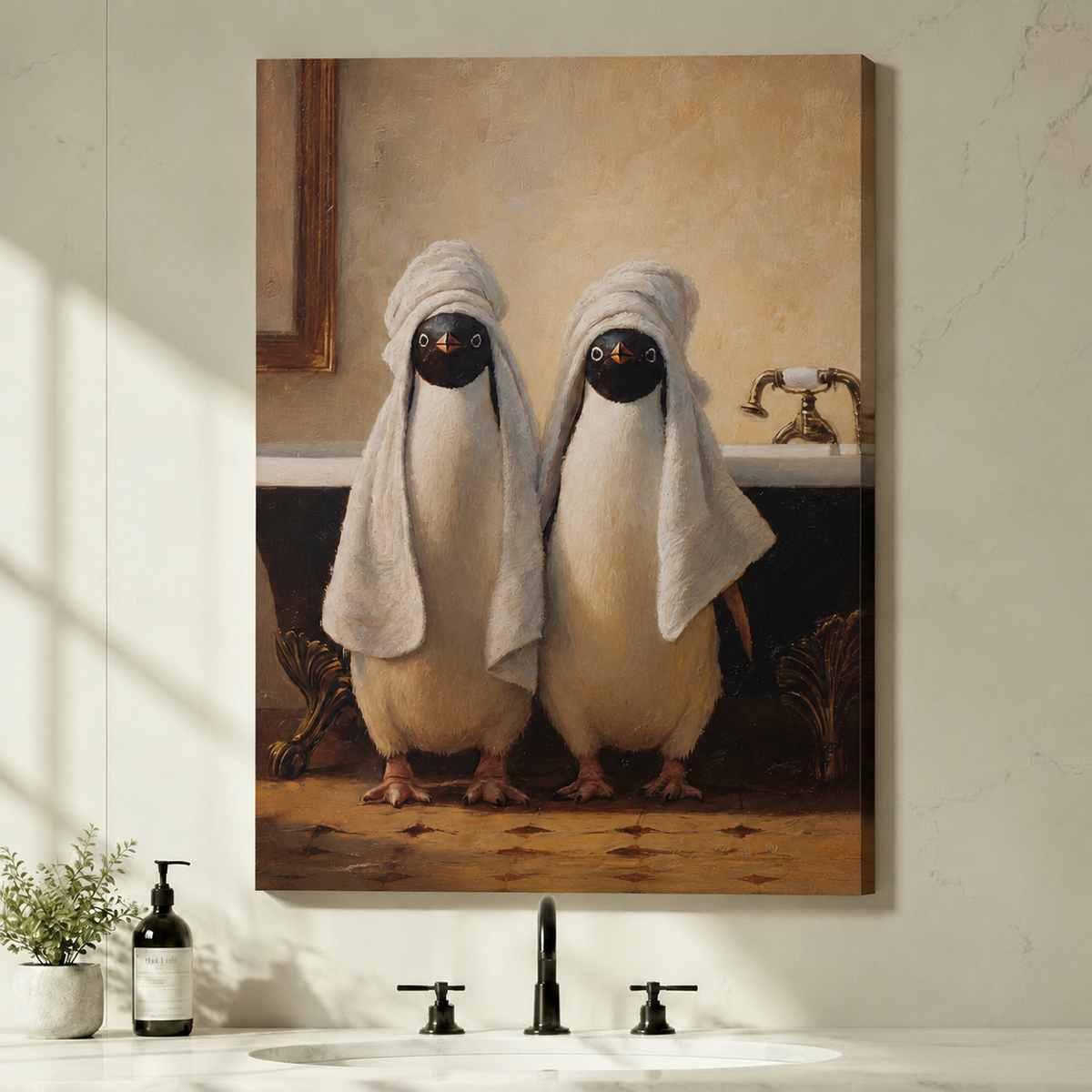 Gallery wrap canvas print of two funny penguins wearing towel turbans in an antique bathroom setting with a clawfoot tub
