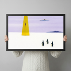 Quirky UFO abduction framed art print featuring penguins and yellow beam, held up to show print size and black frame detail