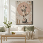 Stretched canvas wall art of a whimsical vintage circus fox in a top hat and ruffled collar balancing on a ball in a warm beige forest, displayed above a white sofa with sage green and cream cushions, a linen throw blanket, potted greenery, and a light wood coffee table