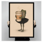 Person holding a black framed retro pencil illustration green frog in black ballet tutu hugging giant takeaway coffee cup art print on warm beige background against a light gray backdrop