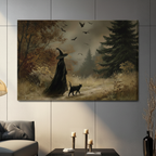 Moody Halloween witch and black cat autumn forest gallery wrapped canvas wall art in vintage oil painting style with bats and pine trees hung above a dark gray sofa with pillar candles