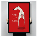 Hand-held size reference of framed "Wake and Shake" greyhound coffee illustration print on red background, showing portrait orientation