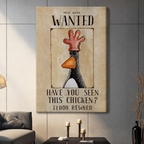 Wanted chicken canvas wall art print in neutral beige living room – quirky animal poster for home decor