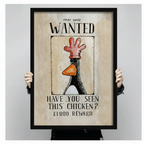 Close-up of wanted chicken humorous wall art poster held by hands showing print detail and vintage distressed texture