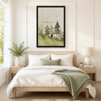 Black framed watercolor you complete my heart white cat and black dog canvas art with a small cat and dog standing together on a misty pine forest slope beside the hand-lettered quote in soft sage green washes, hung above a wooden bed frame in a sun-drenched bedroom with crisp white linen bedding, a sage green throw, and a round white nightstand lamp