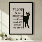 Welcome to the Bathroom a cat will be with you shortly framed wall art above modern black faucet sink - funny black cat typography canvas print with red heart for bathroom decor