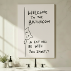 Gallery-wrapped canvas of a funny peeking cat line art print with humorous bathroom quote, styled above a modern black faucet vanity