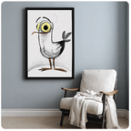 Whimsical one-eyed bird framed poster above accent chair, hand-sketched character art print for modern home decor