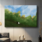 Black and white cat couple "With you every path is home" gallery wrap canvas art with blue sky and green hills above a dark console table with candle holders in a contemporary living room