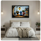 Framed whimsical cat canvas art hung above a bed, depicting a group of fluffy black cats with glowing eyes under a lantern in a gothic night scene