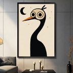 Black framed whimsical crane bird canvas art displayed in modern living room above console table with candles