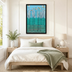 Black framed whimsical white egret flock canvas art with a flock of graceful white egrets with golden yellow beaks and impossibly long thin black legs standing in glowing teal water against a vivid sky blue background in expressive painterly style, hung above a light wood bed with white linen bedding and a sage green throw in a serene Scandinavian bedroom