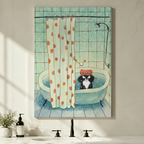 Stretched canvas wall art of a humorous scruffy black and white cat wearing a red spotted shower cap sulking in a retro teal bathtub with an orange polka dot curtain and dripping shower head on a mint checkered tile background, hung on a white marble bathroom wall above a modern black faucet with soap dispenser and greenery