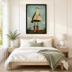 Black framed vintage whimsical heron in red lace-up boots and ruffled skirt wall art print hung above a light oak bed with white bedding and sage green throw in a minimalist bedroom