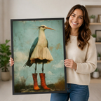 Smiling woman in cream sweater holding a large black framed whimsical heron wearing red boots and cream skirt vintage wall art print in a bright home interior