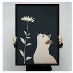 Hands holding large framed white cat gazing at daisy canvas print - full artwork detail of Japanese minimalist cat and single flower illustration on deep navy background