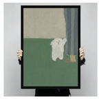 Hands holding large framed white fluffy dog waving canvas print - full artwork detail of minimalist dog beside human legs on sage green and beige color block background