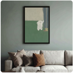 White fluffy dog waving paw framed art print above cream bouclé sofa on sage blue wall - cute minimalist dog canvas wall decor with green and beige palette