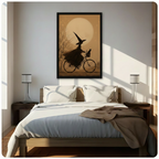 Framed witch on bicycle with black cat wall art above bed in sunlit bedroom, gothic cottagecore print for bedroom decor