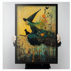 Close-up of witch riding broomstick black cat fantasy floral oil painting art print held by two hands