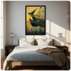 Witch and black cat broomstick floral fantasy framed wall art print above bed in bright Scandinavian bedroom