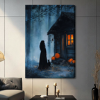 Gallery wrap canvas of a dark witch silhouette with long curly hair and a black cat beside a rustic forest cabin with amber-glowing windows and orange pumpkins, deep blue atmospheric painting style