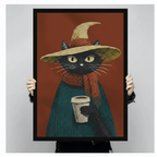 Close-up of witch cat coffee print held by hands, showing detailed chalk texture illustration with rust and teal tones