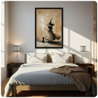 Black framed gothic vintage witch and black cat canvas wall art with aged sandy background hung above a dark wood bed with white linen bedding in a sunlit neutral bedroom with warm diagonal light