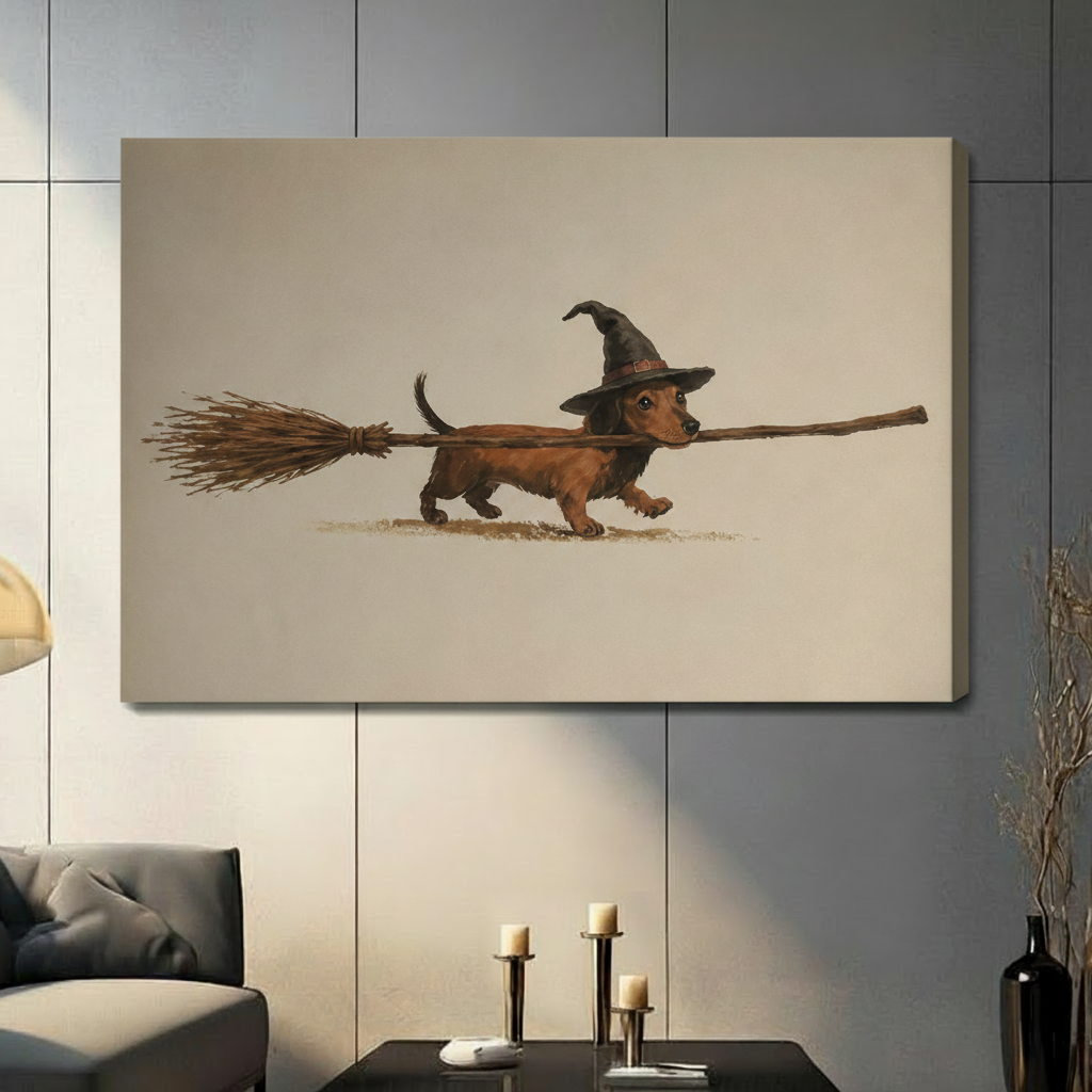 Witch Dachshund - Frameless Canvas Gray Living Room