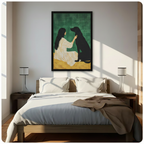 Framed modern minimalist oil painting long-haired woman in striped cream dress seated beside black Labrador retriever on rich emerald green textured background with warm ochre ground canvas print above wooden bed in sunlit minimalist bedroom with twin table lamps - serene woman and black dog companionship wall art for contemporary bedroom home decor