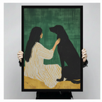Person holding large framed modern minimalist oil painting dark-haired woman in white gold striped dress sitting and gently touching black Labrador dog on deep green textured background with golden ochre ground canvas print with both hands - close up view of intimate woman and black dog bond wall art with black frame finish